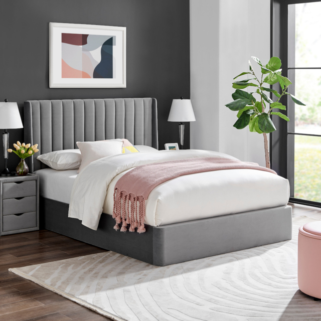 Harper - King Size - Ottoman Winged Storage Bed - Grey - Velvet - 5ft - Happy Beds