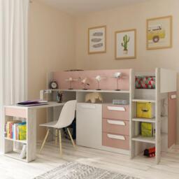 Girona -Kids Mid Sleeper Bed - Pink and Oak - Wood - Single - 3ft - Happy Beds - thumbnail 1