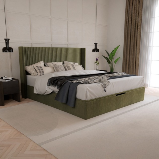 Hartley - King Size - Winged Ottoman Storage Bed - Olive - Fabric - 5ft - image 1