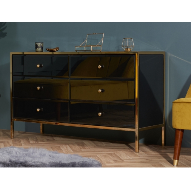 Fenwick - 6 Drawer Chest - Black/Gold - Glass/Metal - Happy Beds - image 1
