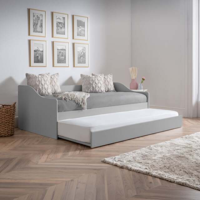 Elba - Single - Day Bed - Guest Bed Trundle - Light Grey - Wooden - 3ft - Happy Beds - image 1