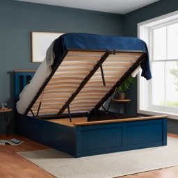 Phoenix - Single - Navy Blue Wooden Ottoman Storage Bed Frame - Slatted Headboard - 3ft - Happy Beds - thumbnail 2