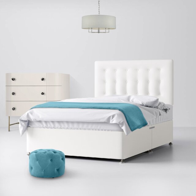 Single - Divan Bed and Cornell Buttoned Headboard - White - Fabric - 3ft - Happy Beds - image 1