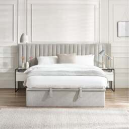 Paige - Double - Ottoman Storage Hotel Bed - Stone Grey - Fabric - 4ft6 - Happy Beds - thumbnail 1