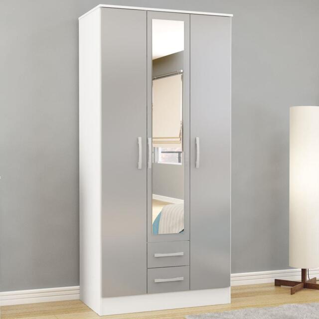 Lynx - 3 Door Combination Wardrobe With Mirror - White/Grey - Mirror/Wooden - Happy Beds - image 1