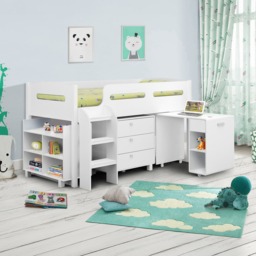 Kimbo - Single - Kids Cabin Bed - Storage and Desk - White - Wooden - 3ft - Happy Beds