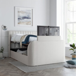 Luther - King Size - Winged Ottoman Storage TV Bed - Natural - Fabric - 5ft - Happy Beds - thumbnail 2