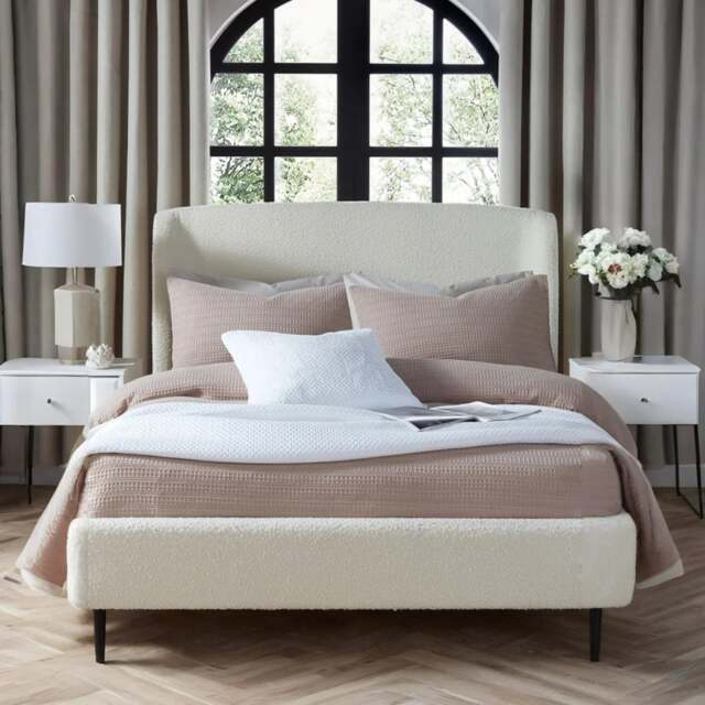 Eden - Double - Bed Frame - Off White/Ivory - Boucle Fabric - 4ft6 - Happy Beds - image 1