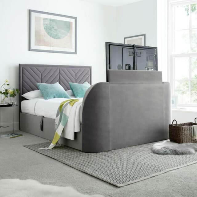 Sherlock - Super King Size - Side-Opening Ottoman Storage Electric TV Bed - Light Grey - Velvet - 6ft - Happy Beds