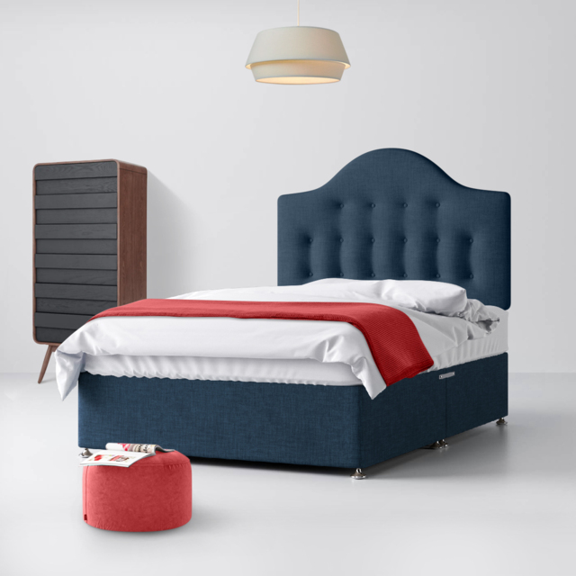 Small Double - Divan Bed and Victor Buttoned Headboard - Dark Blue - Fabric - 4ft - Happy Beds - image 1