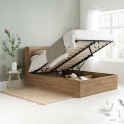 Olden – Double – Wooden Ottoman Storage Bed with Winged Headboard – Oak – Fabric/Wooden – 4ft6 - Happy Beds - thumbnail 2