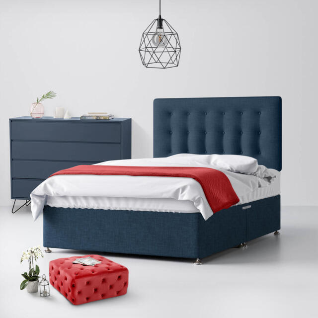 Small Double - Divan Bed and Cornell Buttoned Headboard - Dark Blue - Fabric - 4ft - Happy Beds - image 1