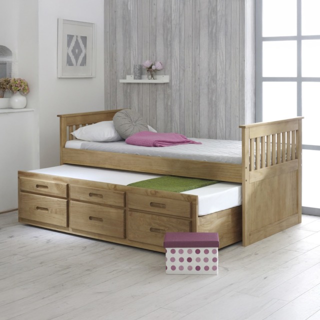 Captains - Single - High Foot-End Guest Bed - Storage and Underbed Trundle - Waxed Pine - Wooden - 3ft - Happy Beds