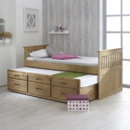 Captains - Single - High Foot-End Guest Bed - Storage and Underbed Trundle - Waxed Pine - Wooden - 3ft - Happy Beds - thumbnail 1