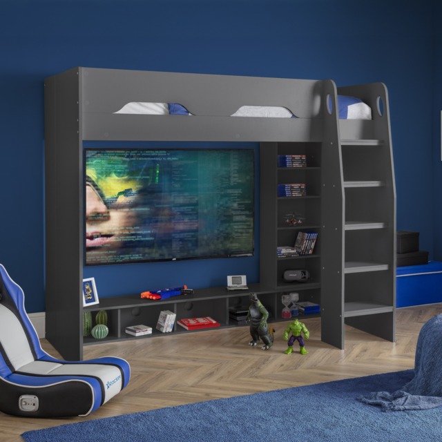 Galaxy - Single - Gaming High Sleeper Bed - Grey - Wood - 3ft - Happy Beds - image 1
