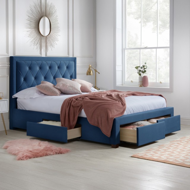Woodbury - Double - 4 Drawer Storage Bed - Blue - Velvet - 4ft6 - Happy Beds - image 1
