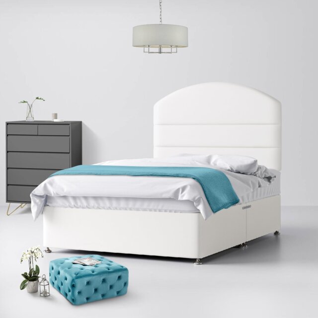 Small Single - Divan Bed and Dudley Lined Headboard - White - Fabric - 2ft6 - Happy Beds - image 1