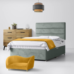 Small Single - Divan Bed and Cornell Lined Headboard - Light Grey - Velvet - 2ft6 - Happy Beds - thumbnail 1