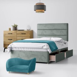 Small Single - Divan Bed and Cornell Lined Headboard - Light Grey - Velvet - 2ft6 - Happy Beds - thumbnail 2