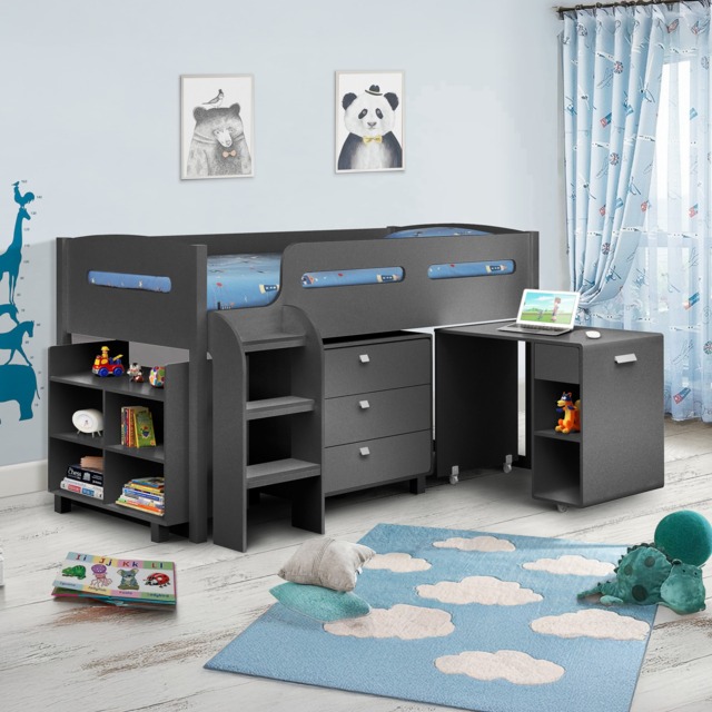 Kimbo - Single - Kids Cabin Bed Frame - Dark Grey - Anthracite - Drawers and Desk - 3ft - Happy Beds - image 1