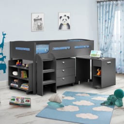Kimbo - Single - Kids Cabin Bed Frame - Dark Grey - Anthracite - Drawers and Desk - 3ft - Happy Beds - thumbnail 1