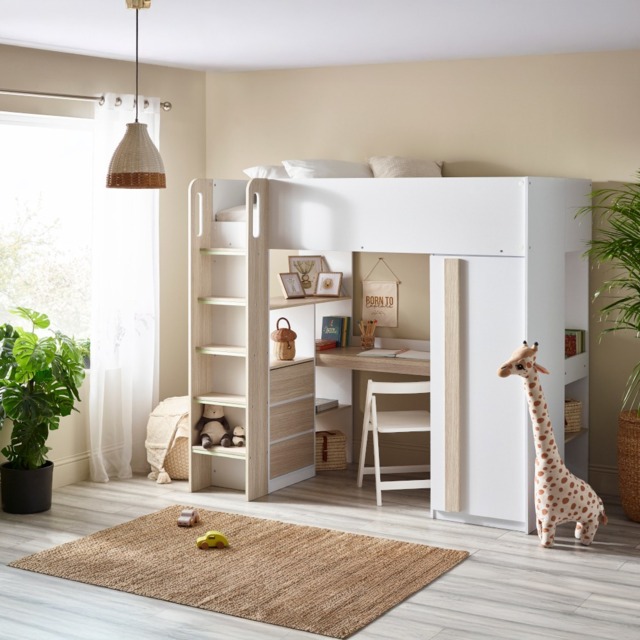 Ocean - Single – Storage High Sleeper with Drawers, Shelves, Desk and Wardrobe – Pale Wood/White - Wooden - 3ft - image 1