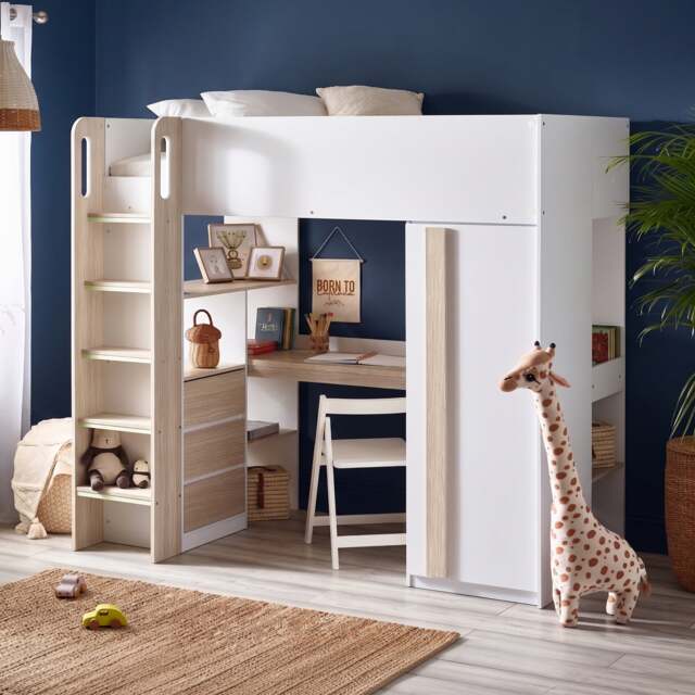 Ocean - Single – Storage High Sleeper with Drawers, Shelves, Desk and Wardrobe – Pale Wood/White - Wooden - 3ft - image 1