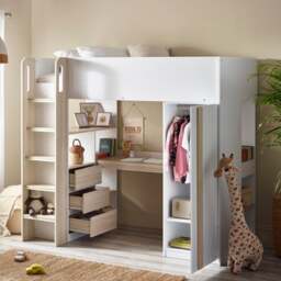 Ocean - Single – Storage High Sleeper with Drawers, Shelves, Desk and Wardrobe – Pale Wood/White - Wooden - 3ft - thumbnail 2