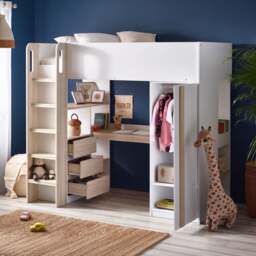 Ocean - Single – Storage High Sleeper with Drawers, Shelves, Desk and Wardrobe – Pale Wood/White - Wooden - 3ft - thumbnail 2