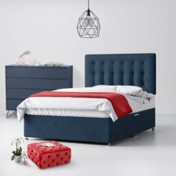 Super King Size - Divan Bed and Cornell Buttoned Headboard - Dark Blue - Fabric - 6ft - Happy Beds - thumbnail 1