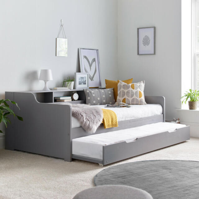 Tyler - Single Day Bed - Guest Bed with Underbed Trundle - Grey - Wooden - 3ft - Happy Beds - image 1