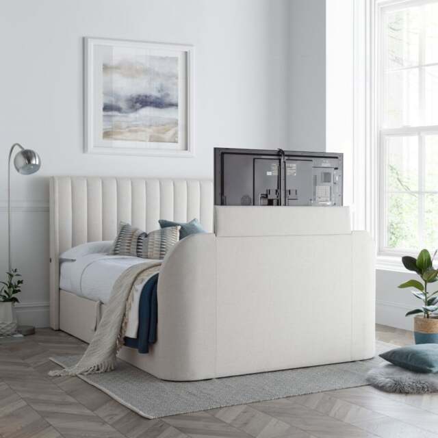 Luther - Super King Size - Winged Ottoman Storage TV Bed - Natural - Fabric - 6ft - Happy Beds