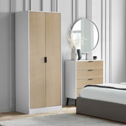 Alba – 2 Door Wardrobe – White and Oak – Lacquered MDF - Happy Beds - thumbnail 1