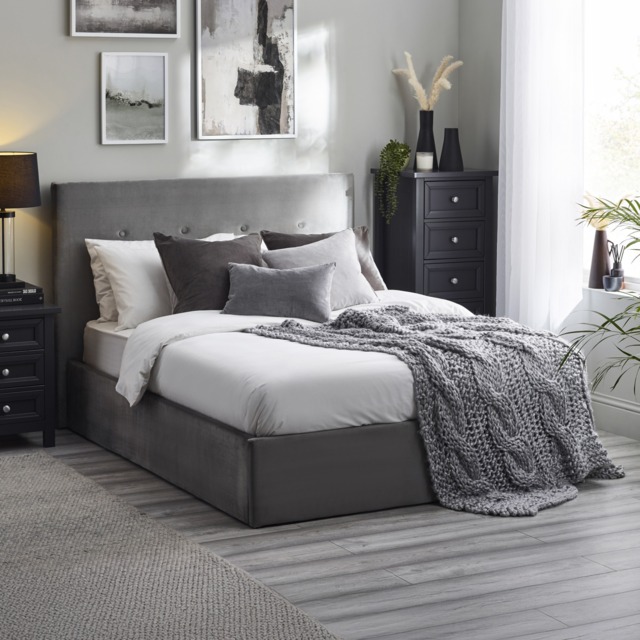 Shoreditch - Double - Ottoman Bed - Grey - Velvet - 4ft6 - Happy Beds