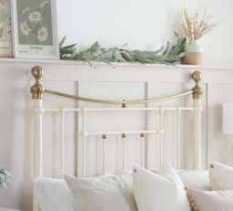 Bronte King Size Cream Metal Bed Frame - Victorian Style - Brass Finials and Top Rail - 5ft - Happy Beds - thumbnail 2