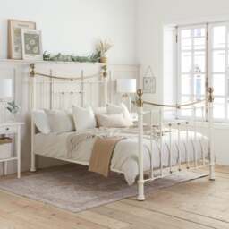Bronte King Size Cream Metal Bed Frame - Victorian Style - Brass Finials and Top Rail - 5ft - Happy Beds