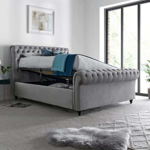 Osborne - King Size - Ottoman Storage Bed - Grey - Velvet - 5ft - Happy Beds