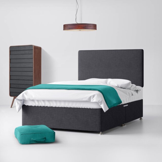 King Size - Divan Bed and Cornell Plain Headboard - Dark Grey - Charcoal - Fabric - 5ft - Happy Beds - image 1