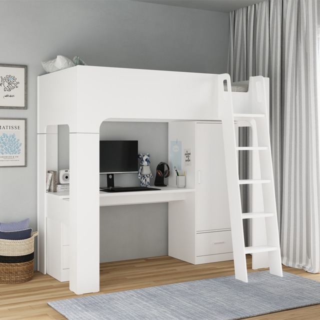 Eden - Single - High Sleeper with Desk, Drawers and Wardrobe - White - Wooden - 3ft - Happy Beds - image 1
