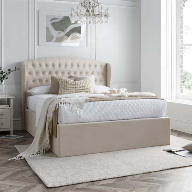 Warwick – Double – Ottoman Storage Bed – Oatmeal – Velvet – 4ft6 - Happy Beds