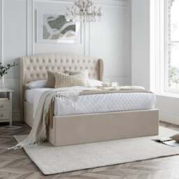 Warwick – Double – Ottoman Storage Bed – Oatmeal – Velvet – 4ft6 - Happy Beds - thumbnail 1
