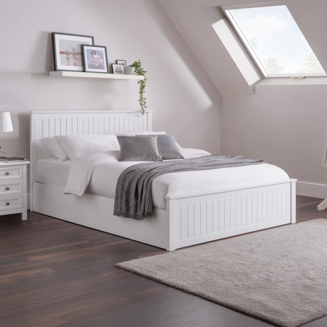 Maine - Double - Ottoman Storage Bed - White - Wooden - 4ft6 - Happy Beds