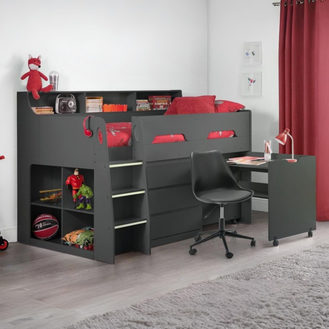 Jupiter - Single - Kids Mid Sleeper Bed - Cabin Bed - Desk and Storage - Dark Grey - 3ft - Happy Beds - image 1
