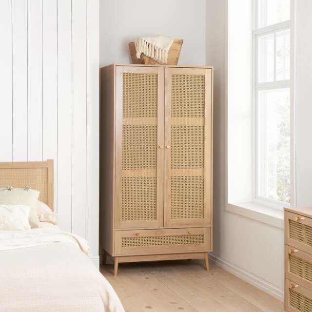 Croxley - 2 Door 1 Drawer Wardrobe - Oak - Rattan - Wooden - Happy Beds - image 1