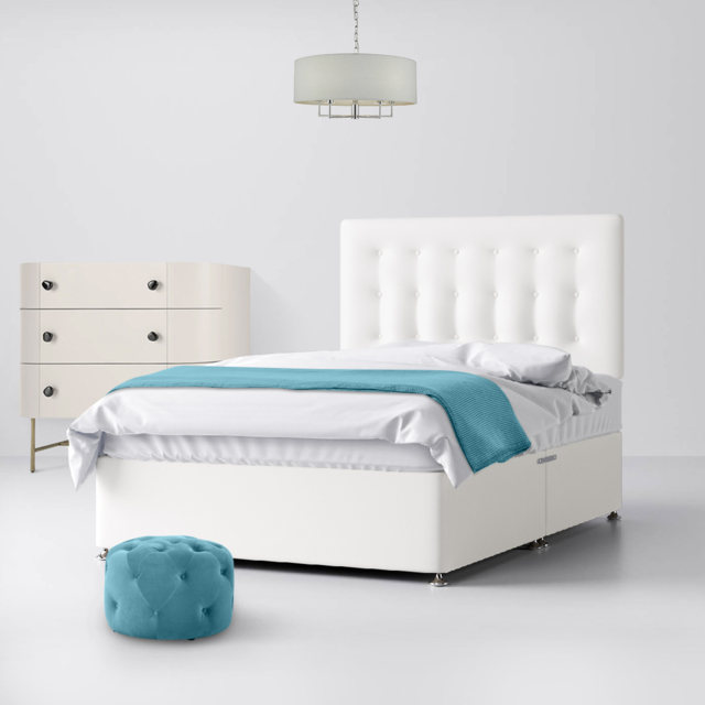 King Size - Divan Bed and Cornell Buttoned Headboard - White - Fabric - 5ft - Happy Beds - image 1