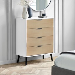 Alba – 4-Drawer Wide Chest of Drawers – White and Oak – Lacquered MDF - Happy Beds