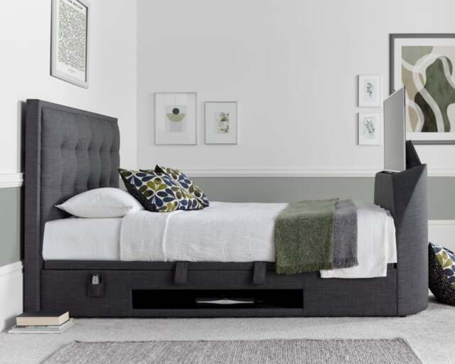 Falstone Slate Grey Fabric Ottoman Electric Media TV Bed - 5ft King Size