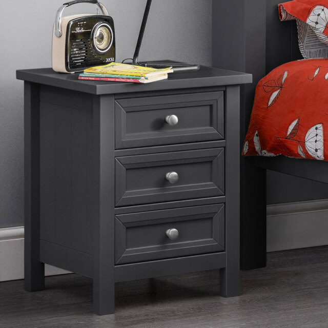 Maine - 3 Drawer Bedside Table - Dark Grey - Wooden - Happy Beds - image 1