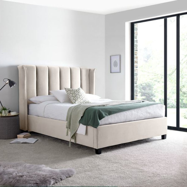 Aurora - Double Bed - Ottoman Storage - Neutral Stone - Velvet - 4ft6 - Happy Beds - image 1