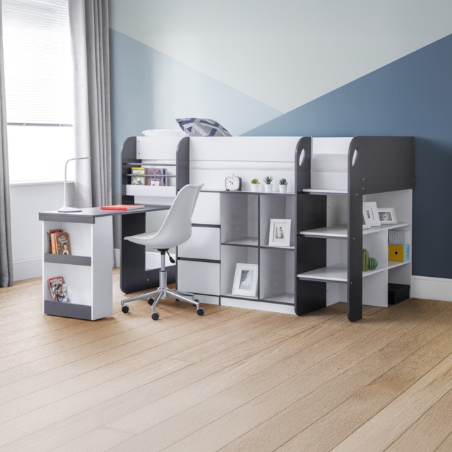 Saturn - Single - Kids Mid Sleeper Cabin Bed - Grey and White - Wood - 3ft - Happy Beds - image 1